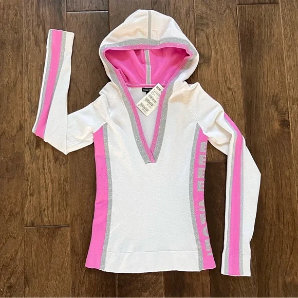 Bebe SPORT NWT White Pink Silver V-Neck Hoodie Long Sleeve Stretch Top Sz S - Picture 7 of 17
